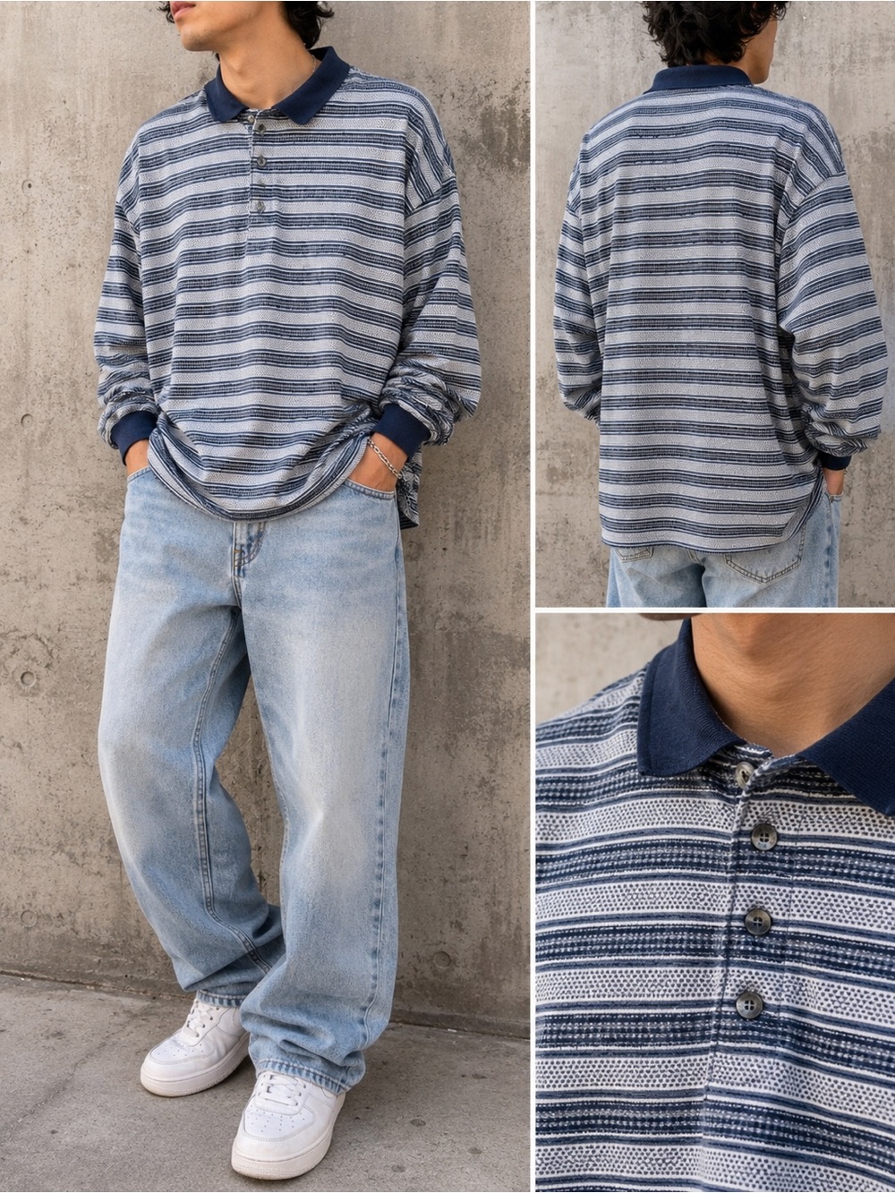 Vintage Expressions 100% Cotton Striped Rugby Polo Shirt Men’s XL Blue White